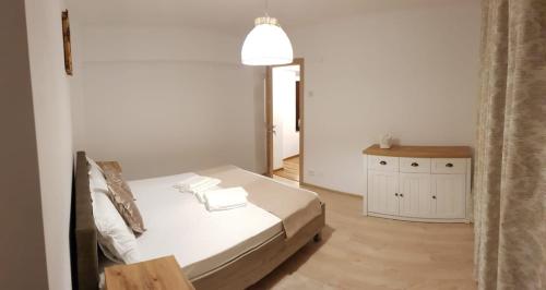 um quarto com uma cama, uma cómoda e um candeeiro em Apartament BelleView em Tulcea