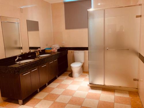 a bathroom with a toilet and a sink and a shower at Hualien BV B&B in Hualien City