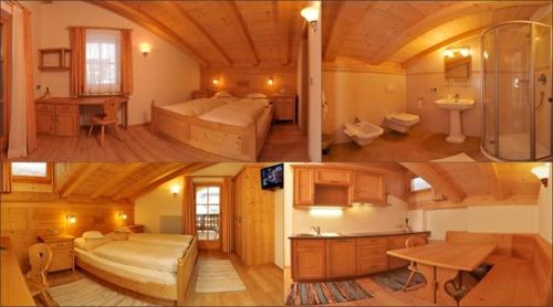 a collage of pictures of a room in a cabin at Agriturismo Maso Larciunei in Selva di Val Gardena