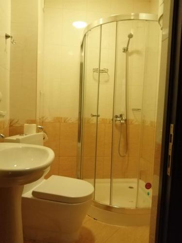a bathroom with a shower and a toilet and a sink at Apartment Lake Tryavna in Tryavna