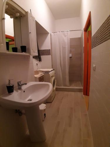 a bathroom with a sink and a shower and a toilet at Casa Vacanza Il Leonpardo in Tuscania
