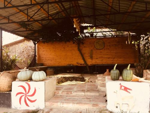 a group of pumpkins sitting on blocks in a patio at Lazuri Keria Family Guesthouse in Khoni