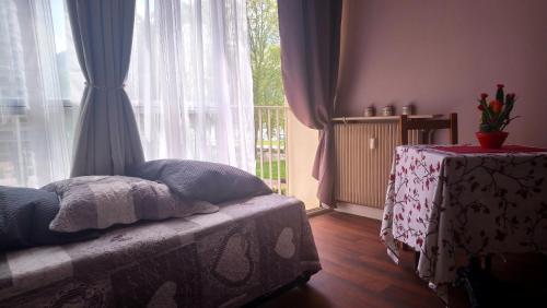 a bedroom with a bed with a table and a window at Résidence Albigny Studio Vue Sur Lac Centre-ville d'Annecy in Annecy