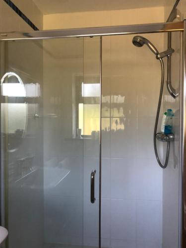 a shower with a glass door in a bathroom at Ballyhourode House B&B in Dún ar Aill