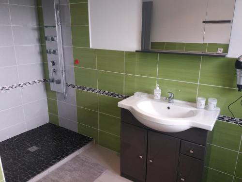 een groene badkamer met een wastafel en een douche bij Le Fort des Sables in Ambleteuse
