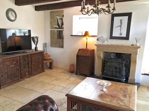a living room with a fireplace and a television at The Pelgrim House in Sint Jacobiparochie