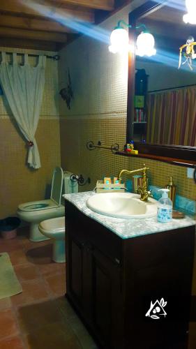 a bathroom with a sink and a toilet at Quinta do Paraíso in Porto Martins