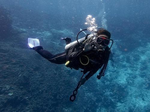 a person swimming in the ocean with a scuba diver at 3WILL Bunaken Dive Resort in Bunaken