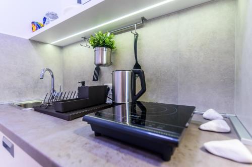 uma cozinha com comodidades para preparar café no balcão em Merci Apartment em Belgrado