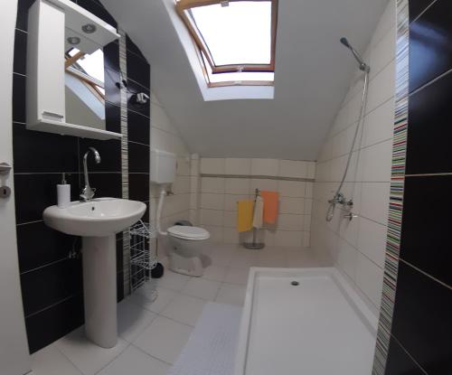 a bathroom with a sink and a toilet and a skylight at BC Apartments in Niš