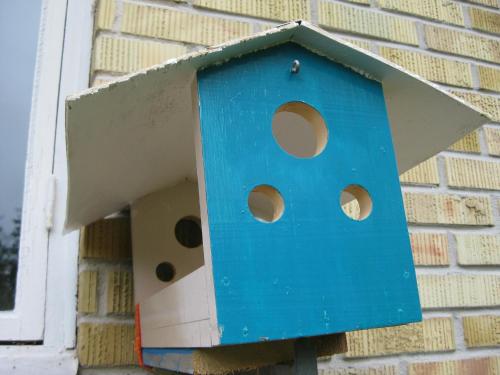 a blue bird house on the side of a building at Stenslid Bottna By St Anna in Söderköping