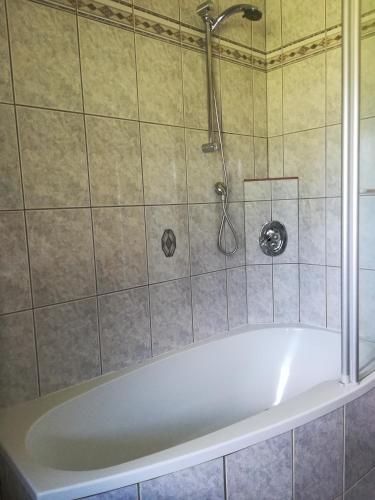 a shower with a white tub in a bathroom at Landhaus Tirol in Presseggersee