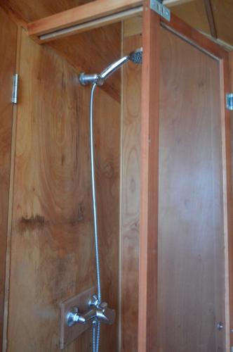 a shower in a bathroom with a wooden wall at Refugios Canto del Agua in Villarrica