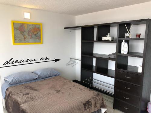 a bedroom with a black book shelf and a bed at Caravansaro Penthouse Polanco in Mexico City