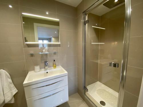 bagno con doccia, lavandino e specchio di No 12 Furze Croft a St Ives