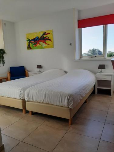 a bedroom with two beds and a window at Pension van Ewijcksluis in Anna Paulowna