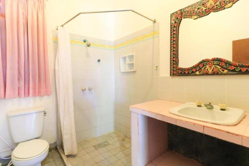 un bagno con un water, un lavandino e uno specchio di Sari Bali Resort a Kuta