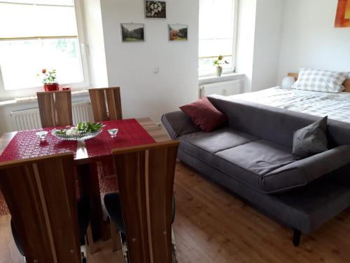 ein Wohnzimmer mit einem Sofa und einem Tisch in der Unterkunft Offenburger Hof in Schuttertal