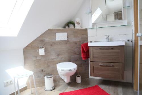 uma casa de banho com um WC e um lavatório em Ferienwohnung Memmel em Sulzfeld