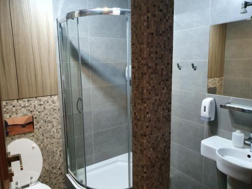 a bathroom with a shower and a toilet and a sink at Alma Apartments Rondo ONZ in Warsaw