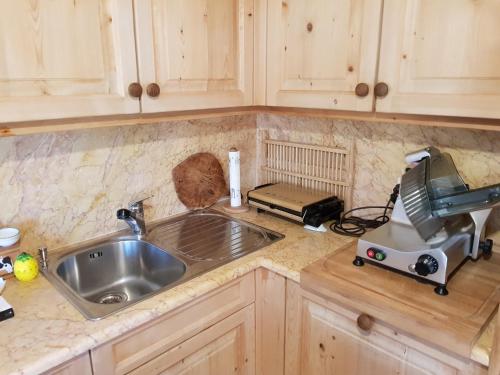 a kitchen counter with a mixer and a sink at Chesa Champagna - Madulain in Madulain