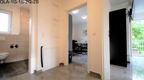 a bathroom with a sink and a toilet in a room at Overath Luxus Apartments nähe Köln City/Messe in Overath