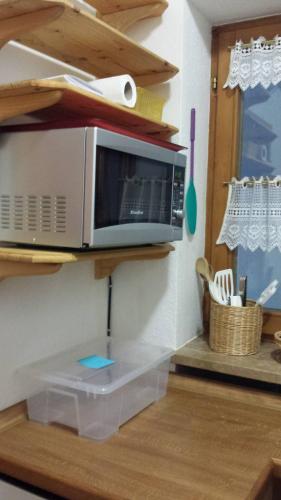 a microwave on a shelf in a kitchen at Fewo Haiber 1Zimmer Appartement in Obermaiselstein