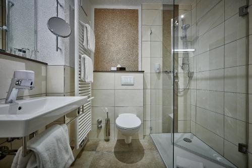 y baño con aseo, lavabo y ducha. en Hotel Herzog Heinrich, en Arrach