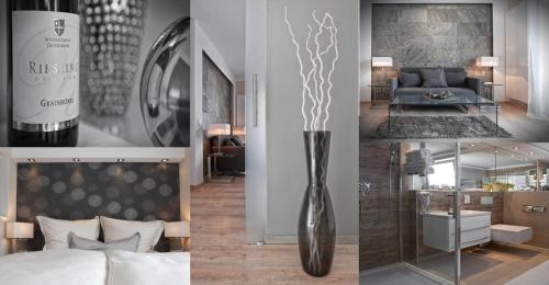 - un collage d'images d'une chambre avec une bouteille de vin dans l'établissement Appart-Hotel REB_ART, à Deidesheim