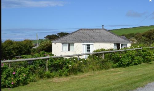 a white house with a fence and flowers at Pant Glas in Cardigan