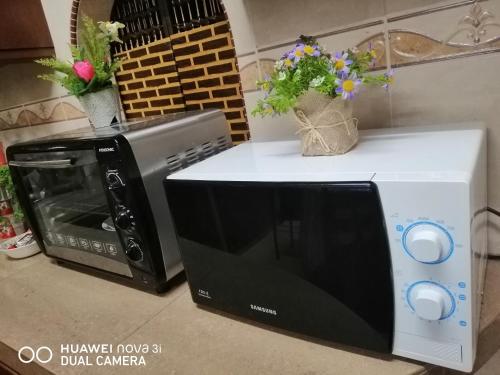 a microwave and a toaster oven on a kitchen counter at Basrie Villa Pagoh - Mini Cinema , Karaoke , Private Pool , WiFi , NetFlix in Muar
