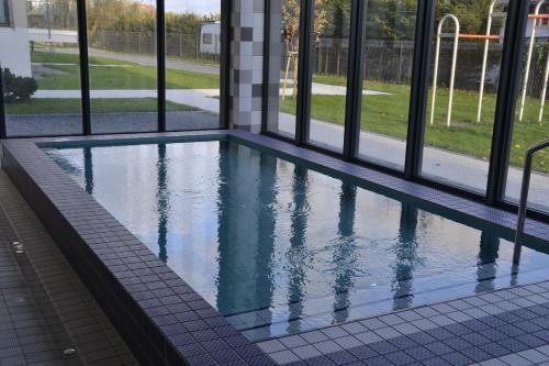 a swimming pool in a building with windows at Apartament Livia in Sianozety