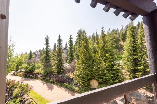 a view from the balcony of a house with trees at The Ironwood on Blueberry Hill in Whistler