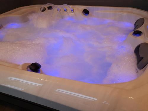 a jacuzzi tub filled with lots of blue water at Cosy Er Lann Gîte Cèdre in Val Couesnon