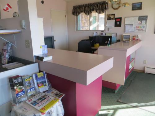 an office cubicle with a pink counter and a desk at Tara Vista Inn in Hinton