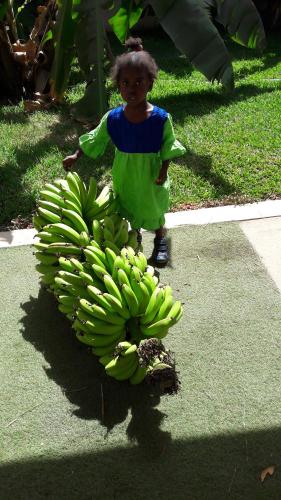 a child is standing next to a bunch of bananas at Residence 21 in Kololi