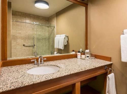 een badkamer met een wastafel en een spiegel bij Skamania Lodge in Stevenson