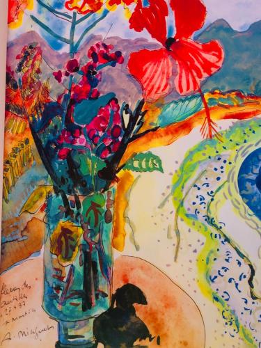 a painting of a vase with flowers in it at Luxury Marina & Sea View Condo at Porto Cupecoy St Maarten in Lowlands