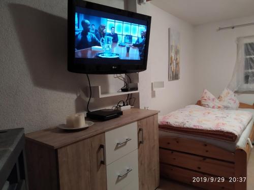 a television on top of a dresser in a room at Kleines Gartenhaus am Mahler in Großschirma
