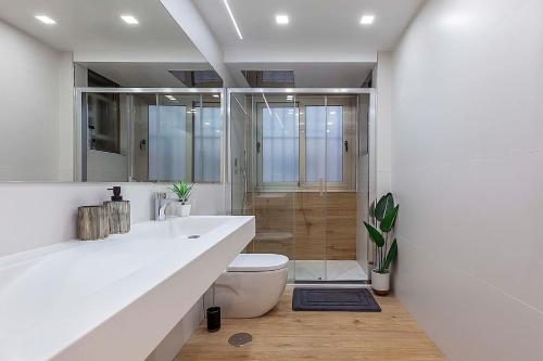 Great Apartment Granada City Centre في غرناطة: حمام ابيض مع مرحاض ودش