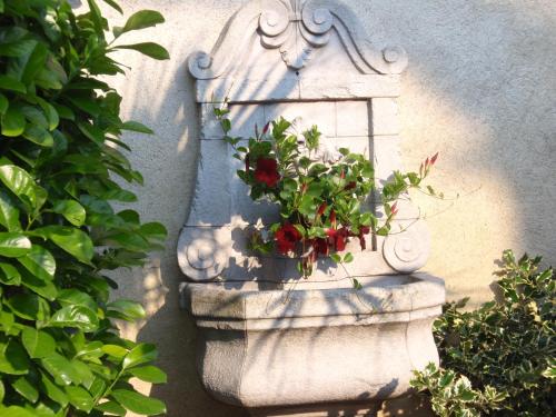 a plant in a stone planter in front of a wall at Villa-Angelina in Langenzersdorf