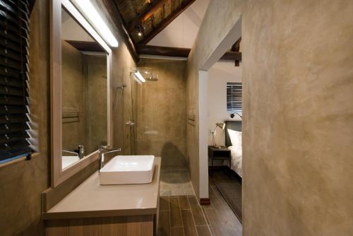 a bathroom with a sink and a shower and a mirror at Buckler's Africa Lodge Kruger Park in Komatipoort