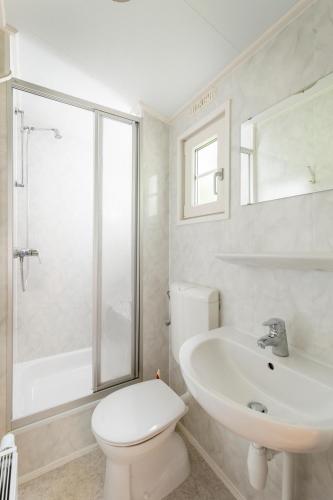a white bathroom with a toilet and a sink at Vakantiepark de Bergen in Wanroij