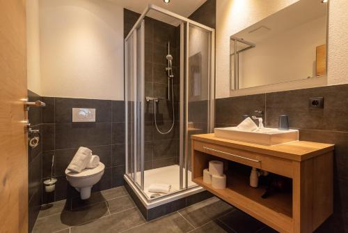 a bathroom with a shower and a sink and a toilet at A Casa Elegance in Längenfeld