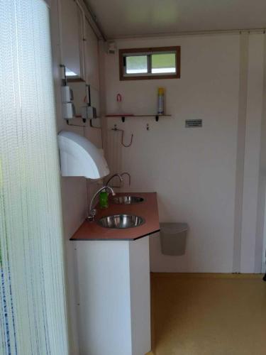 a bathroom with a sink in a small room at Campland in Arcen