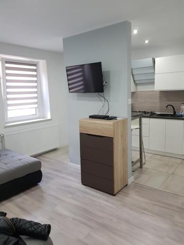 a living room with a flat screen tv on a wall at MISVEST Tomasz Klimatyzacja in Zabrze