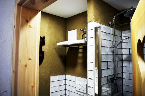 a bathroom with a shower and a sink at ROSER Suiten in Gengenbach