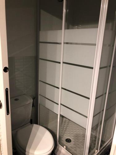 a bathroom with a toilet and a shower at Hostal Ciempozuelos, cerca del Parque Warner y Madrid in Ciempozuelos