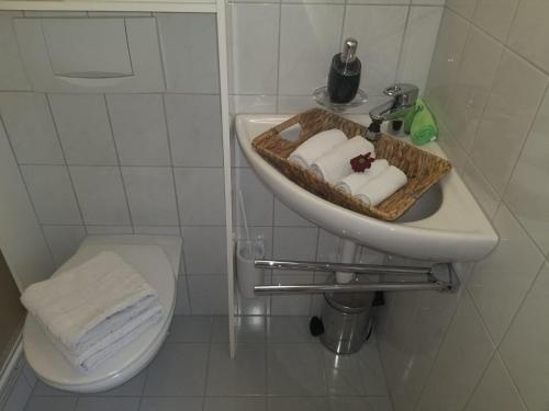 a bathroom with a sink and a toilet with towels at Studio direkt am Bodensee in Thal