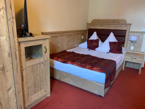 ein Schlafzimmer mit einem Bett und einem TV in der Unterkunft Hotel Goldner Löwe in Stolpen
